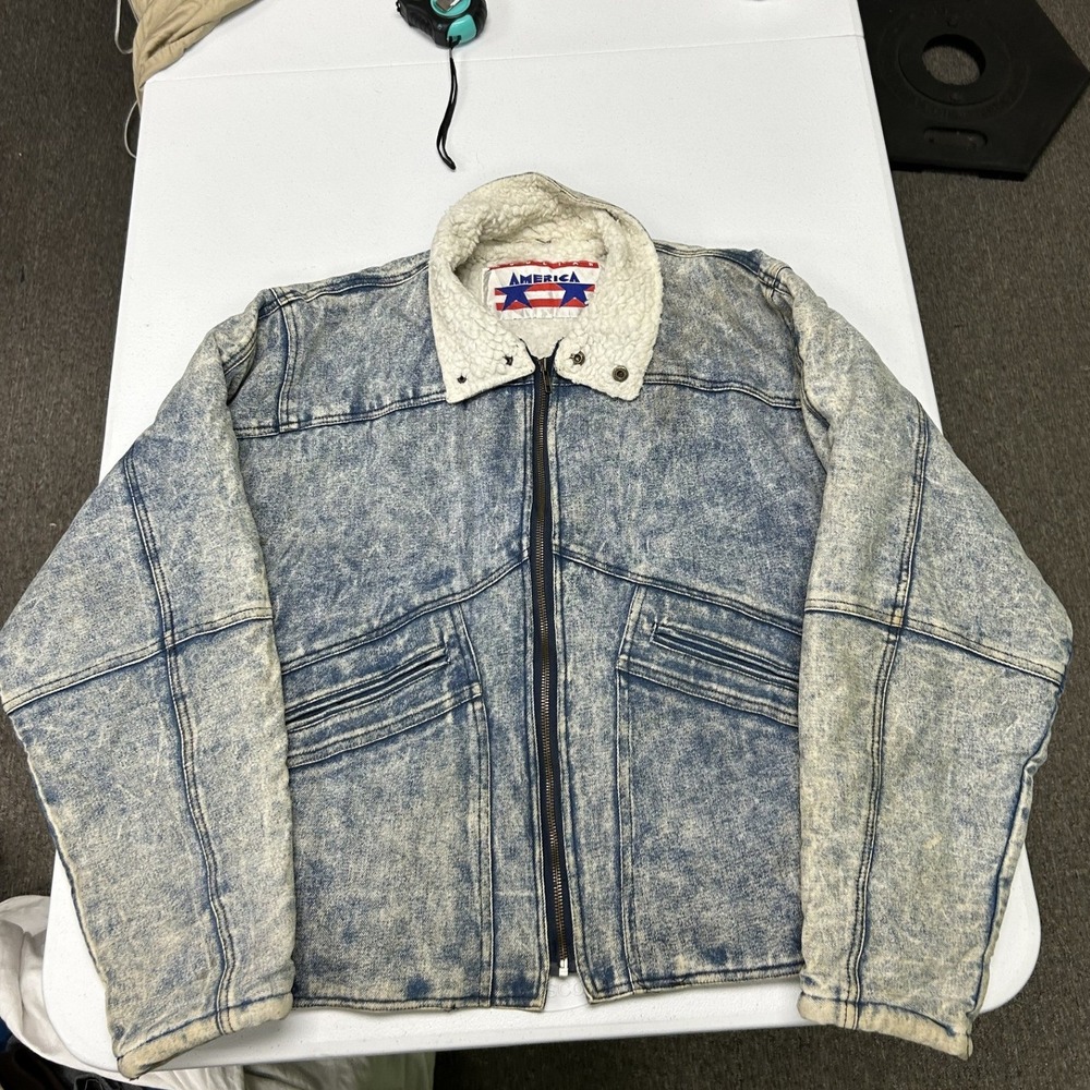America Denim Bomber Jacket Mens M Blue Acid Wash Sherpa Lined Vintage 80s